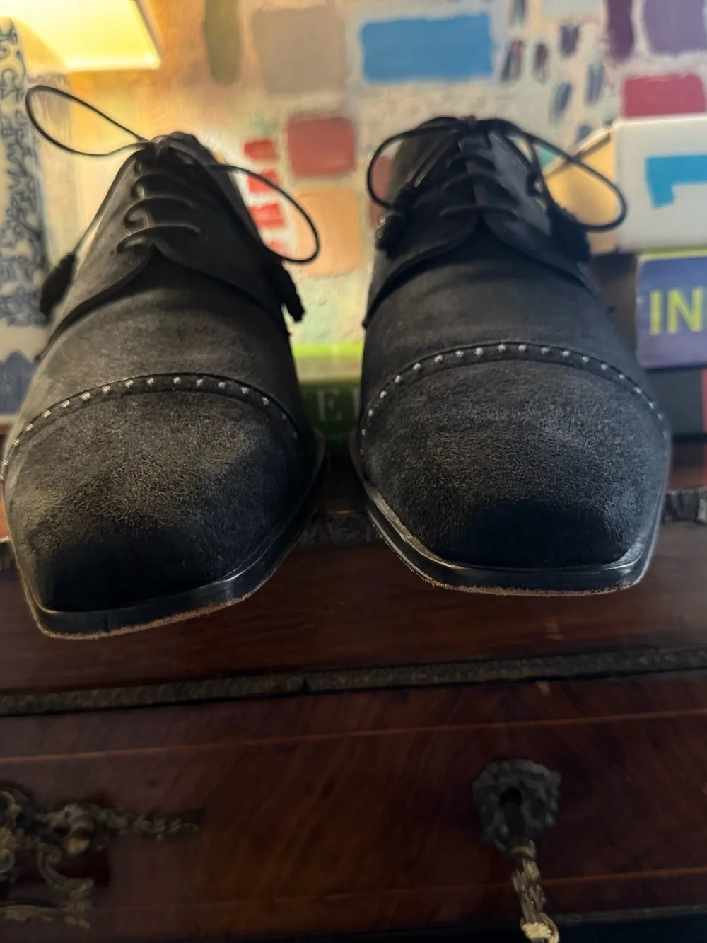 Rare Mezlan Black Suede Cap Toe Oxfords With Elongated Soft Chisel Toe 11.5 D